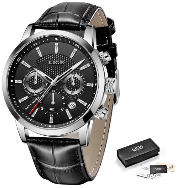 LIGE Watch för män Toppmärke Lyx Business Herrklockor Sport Quartz Chronograph Vattentät armbandsur Man Reloj Hombre Leather silver black