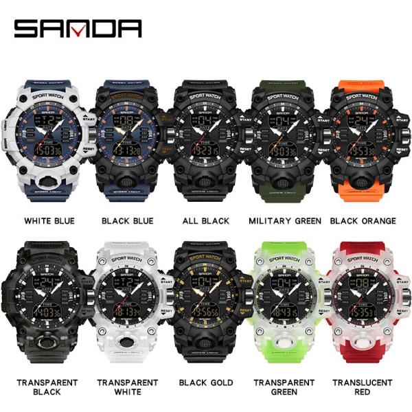 SANDA Sports Military Watch Lyx LED Digital watch Mode utomhus Electron Quartz Man Armbandsur Dual Display Herrklocka Transparent Black