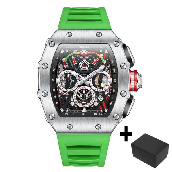 ONOLA watch för män Modemärke Sport Vattentät kvartsklockor Silikonrem Tonneau Mille Clock Reloj Hombre ON6827-Green