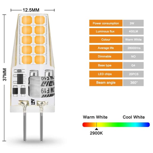 G4 LED 5W 12V AC/DC Glödlampor, Motsvarar 50W Halogenlampa, Varmvit 3000K, Ej Dimbar, 5-pack