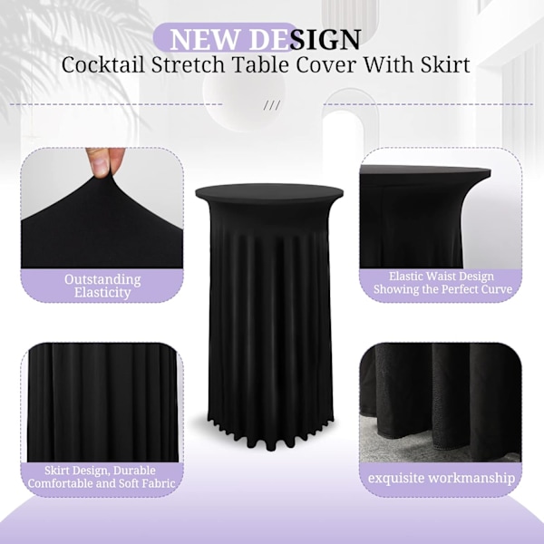 (Erikoiskampanja) Setti, jossa 2 mustaa päällistä korkeille pöydille, pöytäliina seisomapöydälle 80 x 110 cm, musta joustava laskostettu spandex-pöytäliina Black