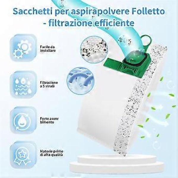 10 kpl pölynimuripusseja Vorwerk Kobold VK140 VK150 FP140 FP150 -malleihin, sisältää 2 suodatinta