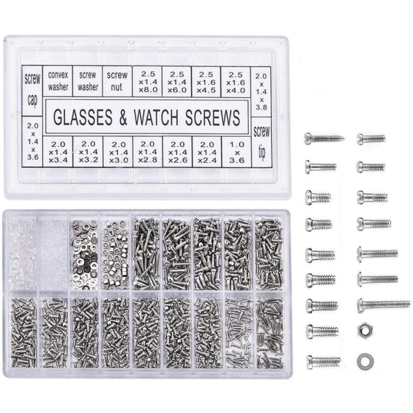 1000 stk Micro Brille Forma Mini Solbriller Sortiment Skruv Klok Mutter Reparationssæt til Rustfrit Stål Skruer