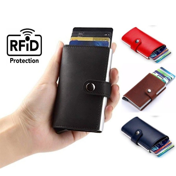 Pop Up Korttipidike Alumiini Nahka RFID & NFC suoja Setelipussi Sininen Blue