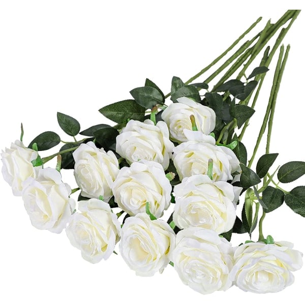 12 Pakke Kunstige Roser Blomster Silke Realistiske Blomster, Hvid