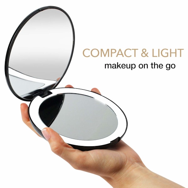 Bærbar lommespejl Tosidet makeupspejl med LED-belysning, 2X / 10X forstørrelse - Kompakt, sammenklappelig, stor 9 cm rejsespejl belyst black