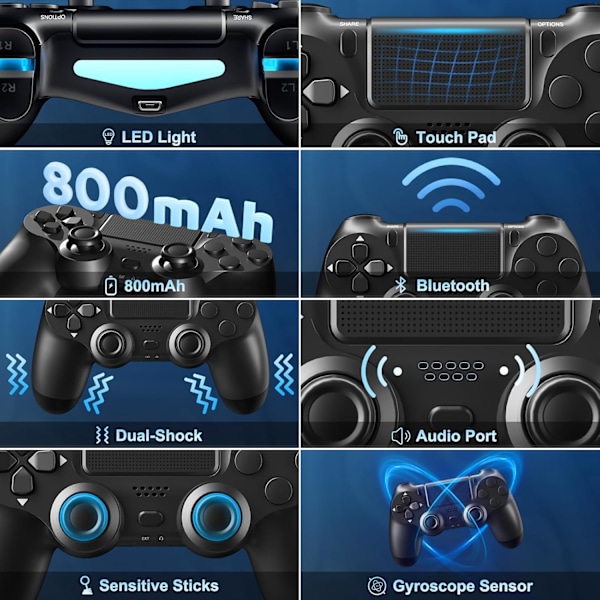Trådløse Controllere 2-pak til PS4/Slim/Pro, Controllere til PlayStation 4 med Dobbelt Vibration/3,5 mm Lyd/Opladningsport og 2 stk. Kabler sort black