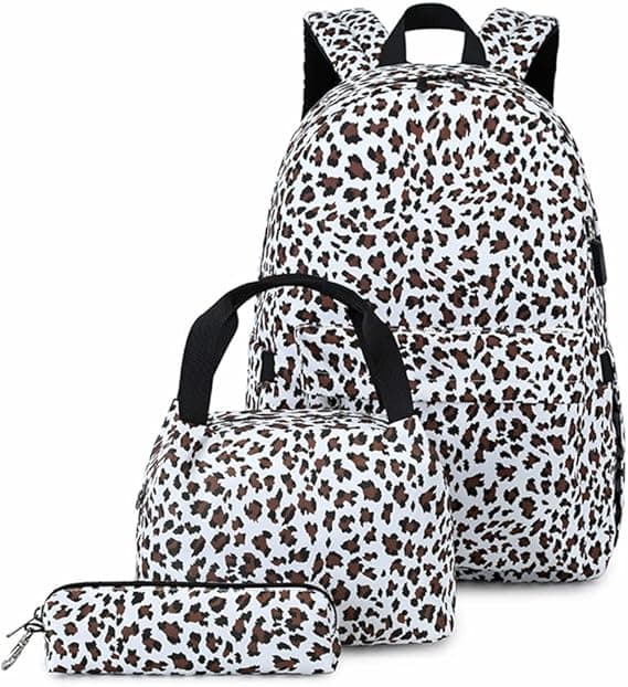 3-pack Leopardmönstrad Skolryggsäck för Kvinnor, Stor Kapacitet