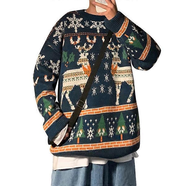 Julpar Tröja Jultröja Juljumper Julpolotröja Varm Pullover Tröjor Blå Blue XL