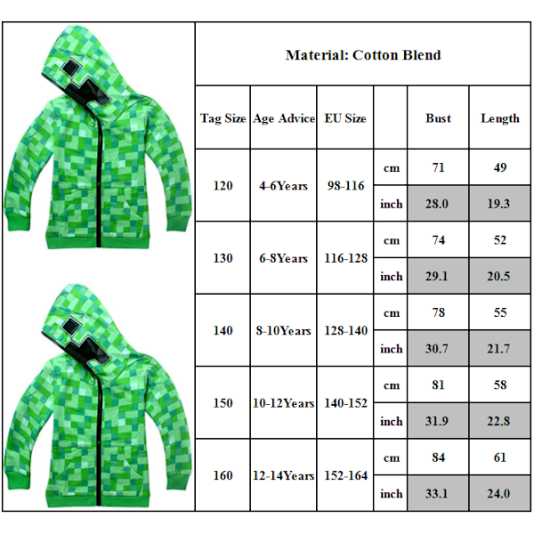 Minecraft Hoodies til Børn Drenge Piger Langærmet Hoodie - Stock GreenLYB Grøn Grön 8-10 år = EU 128-140