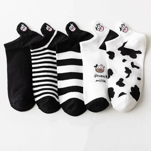 5 Par Damsockor med Söt Ko-Mönster, Korta Sockor, Kreativa Tryckta Sockor, Ankelsockor, 5 Par Enkelt Kod