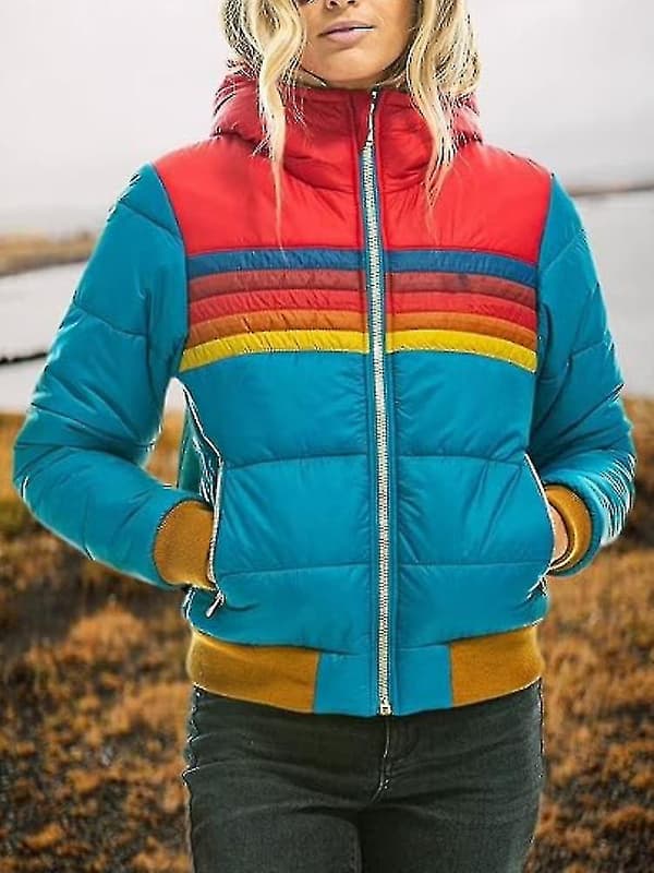 Dam Regnbåge Dragkedja Vinter Dun Vadderad Vardaglig Randig Jacka med Huva Blå Blue M