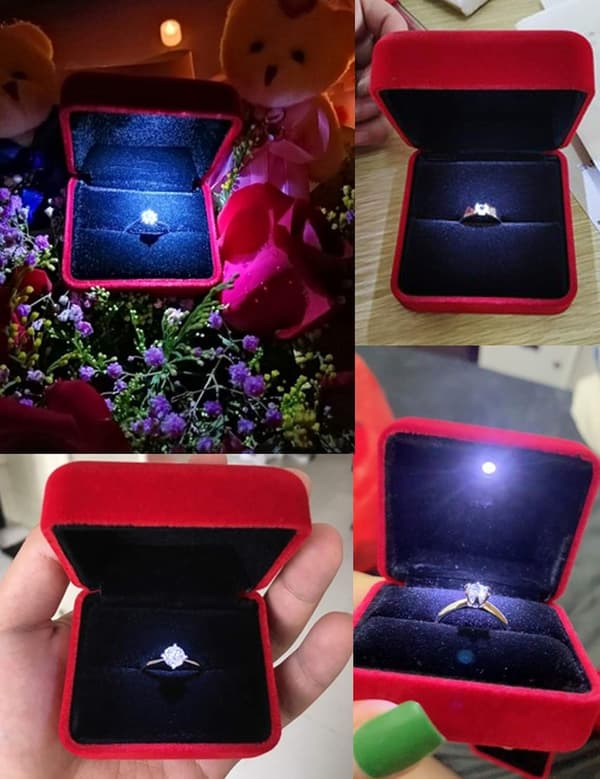 (Röd) Sammet Ringbox med LED-ljus Ringbox för Bröllop, Frieri, Förlovning