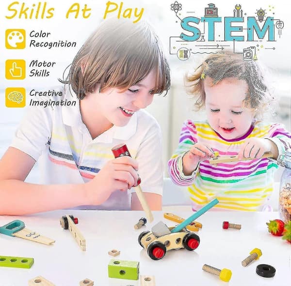 Kids Tool Box, Wooden Tool Set, Construction Toy Set, Educational STEM Building