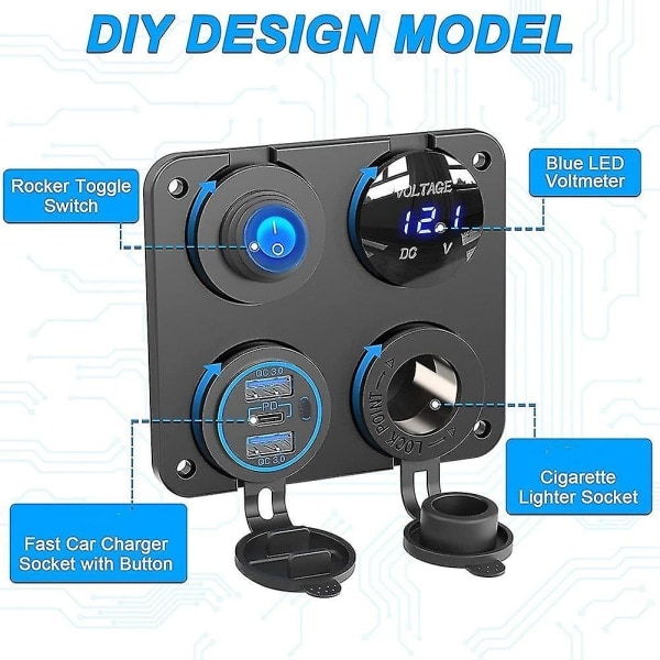 Veneen ja asuntoauton 12V-latauspistorasiapaneeli, 4-in-1 DC 12V-pistorasiapaneeli, useita USB-pikalatausportteja ja kytkin