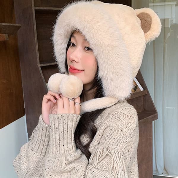 Fuskpälsmössa med kattöron Stickad mössa BEIGE
