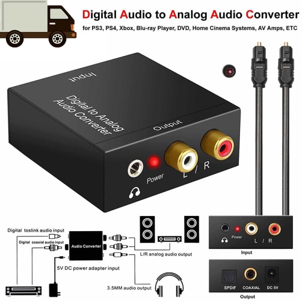 1. Optisk Coax Toslink Digital til Analog Konverter RCA L/R S Sort 1 stk