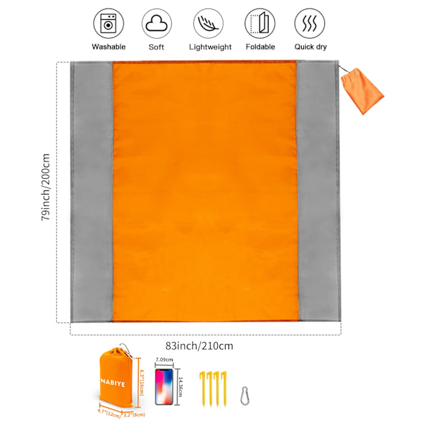 Strandfilt Vattentät Filt, 79'x 83' Överdimensionerad Strandmatta för 4-7 Vuxna, Sandfri Picknickfilt, Lätt Bärbar Picknickmatta för Resor Orange