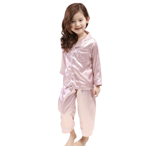 Pyjamas langermet sett for barn, silkepyjamas med knapping, sett rosa pink 140cm pink