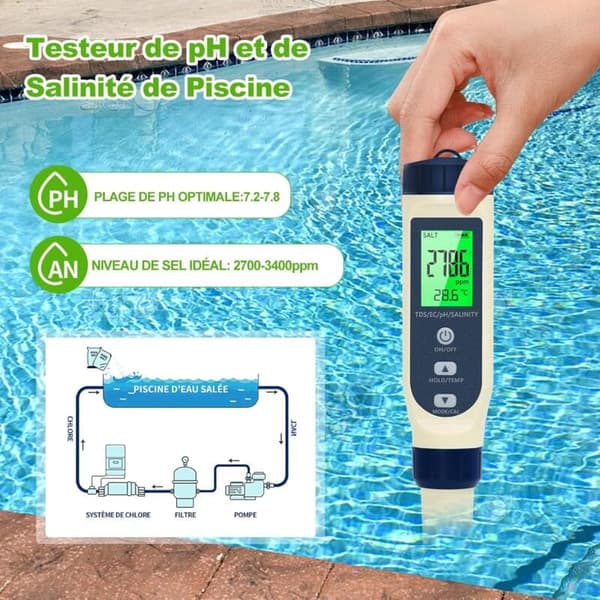 5-in-1 PH/TDS/EC/Salt Meter with LCD Display, Automatic Temperature Compensation, for Drinking Water, Aquariums and Swimming Pools