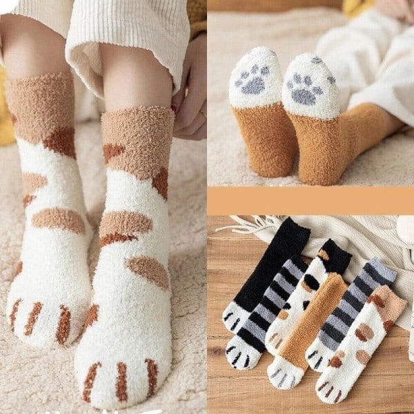 6 Par Vintervarma Fluffiga Söta Kattpåtassar Strumpor Tjockt Fleece