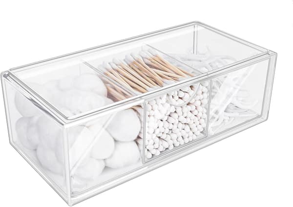 pc Akryl Bomullspinneboks 3 Rom, Transparent Bomullspinneoppbevaring, Mini Plastboks Organizer, for Sminkebord, Baderomsoppbevaring og Orga