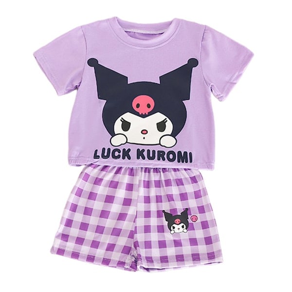 Barnflickor Kuromi Melody Cinnamaroll T-shirt Rutiga Shorts Pyjamas Set Nattkläder Lila 130cm