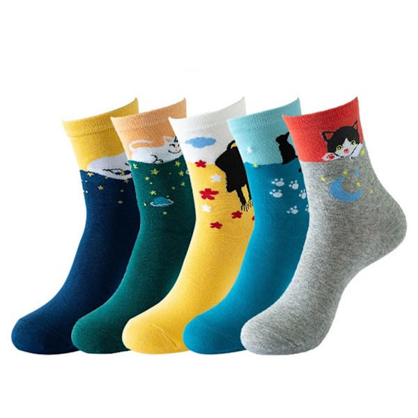 5 par roliga strumpor med kattmotiv, färgglada, trendiga, söt design, A0550