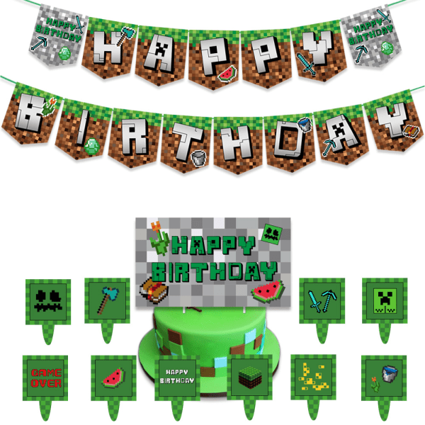 Minecraft-syntymäpäivälippu, kakku, kortit, ilmapallot, pikselipelijuhlat