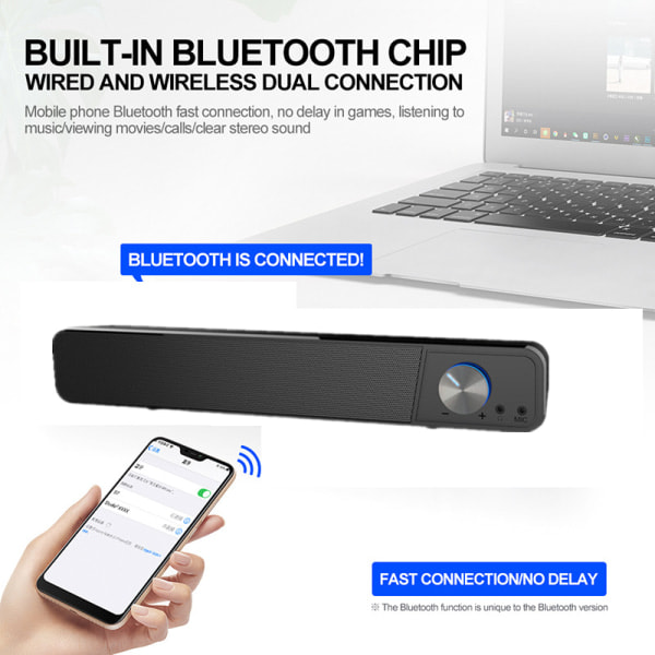 Svarta PC-högtalare, 12 Watt, PC Soundbar, USB-ström, 3,5 mm