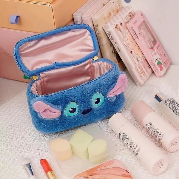 Anime Stitch Sminkväska Stor Kapacitet Makeup Förvaring Väska Box Bärbar Cartoon Karaktär Plysch Handväska Flicka Present A
