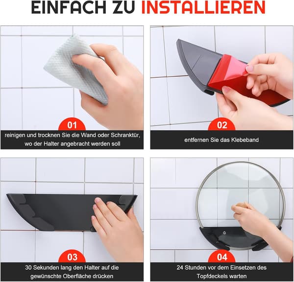 Set med 4 väggmonterade lockhållare, plast, passar lock på 15-32 cm, för vägg- eller skåpmontering