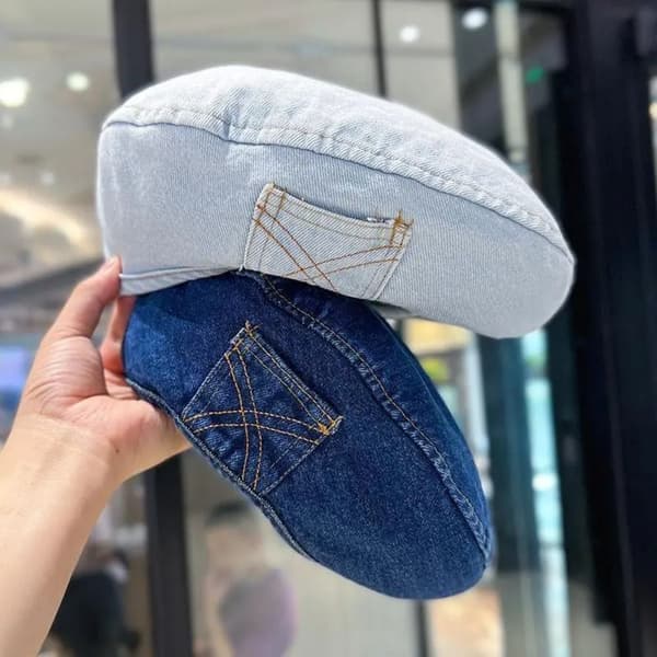 Retro Denim Beret Hatt Høstfarge Lys Blå light blue