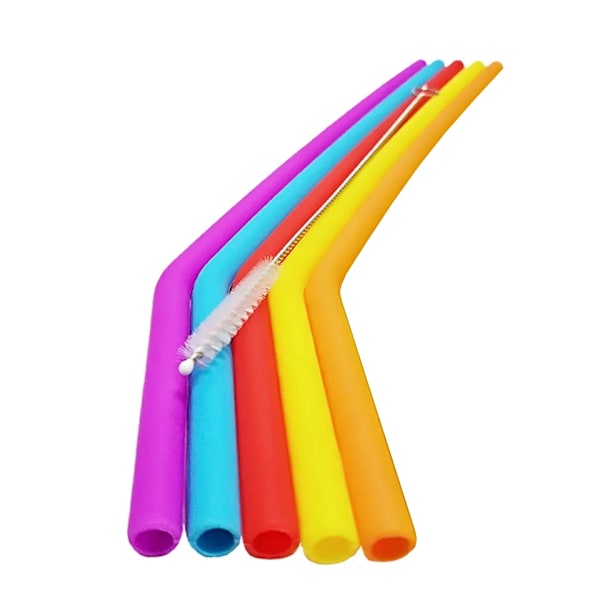 (Specialerbjudanden) 5-pack - Flexibla silikonstrån, böjda med borste (25 cm)