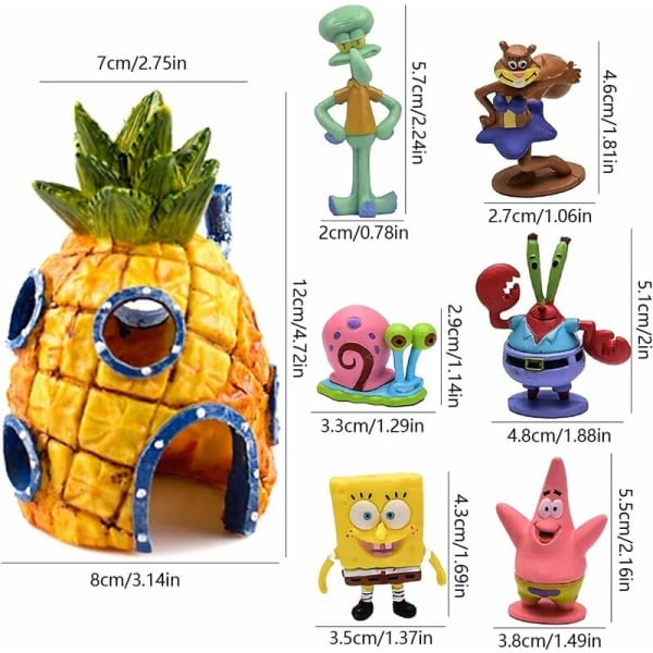 Sats med 7 akvariedekorationer, Spongebob Squarepants Akvariumdekor
