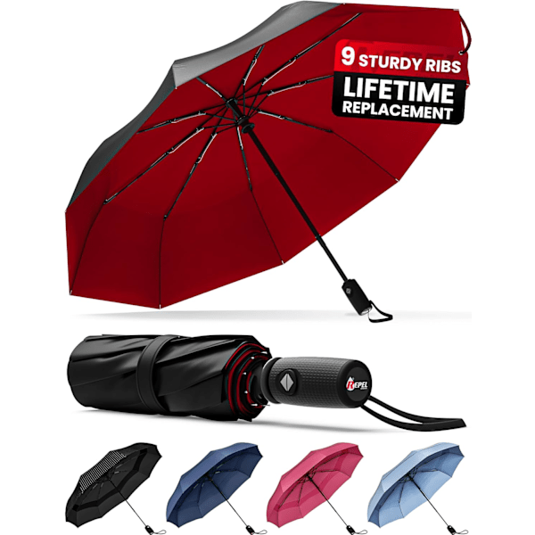 Repel Paraply Vindtäta Reseparaplyer för Regn - Enkel Automatisk Öppning och Stängning, Hållbart & Kompakt Paraply, Stark Glasfiberram, Vattentätt Tyg Black Red