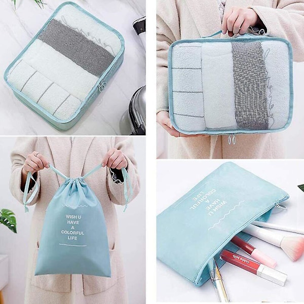 8-pack Organizer Set för Resväskor, Förvaringsväskor, Packningskuber, Resepåsar, Presenter Blue