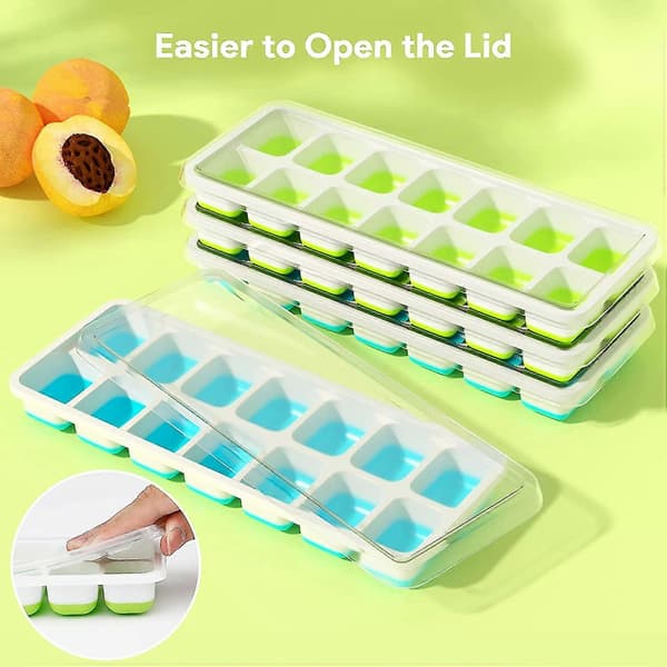 Set of 4 Silicone Ice Cube Trays with Lids, Space Saving and Stackable, LFGB Certified and BPA Free, Easy Release, Square/Green Ice Cubes