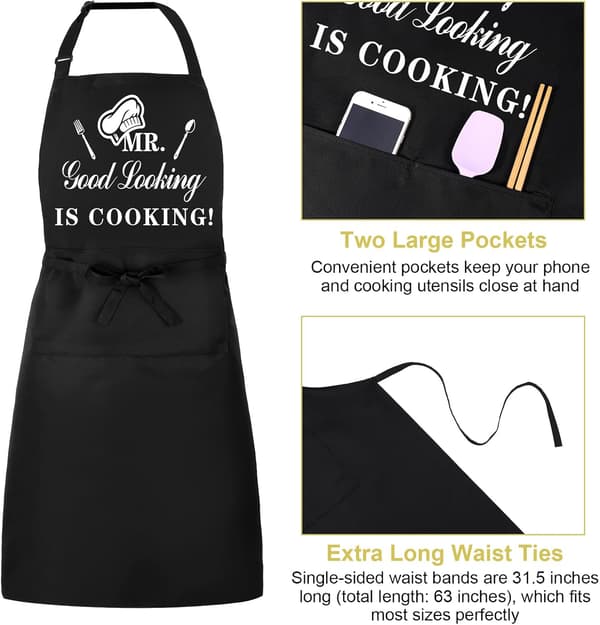 Funny Aprons for Men, MR Good Looking is Cooking, Professional Kitchen Apron Chef Man Bib Aprons with Double Pockets Adjustable