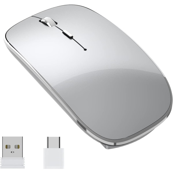 Trådløs mus, genopladelig, bærbar, lydløs trådløs mus, USB og Type-C, dobbelt tilstand, trådløs mus, 3 justerbar DPI til bærbar computer, Mac, PC