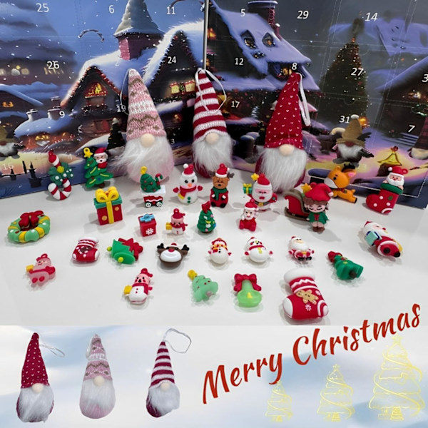 Julkalender 2024 med tomtar, 24-dagars adventskalender med samlarobjekt tomtenissar, julplysch tomteblindbox
