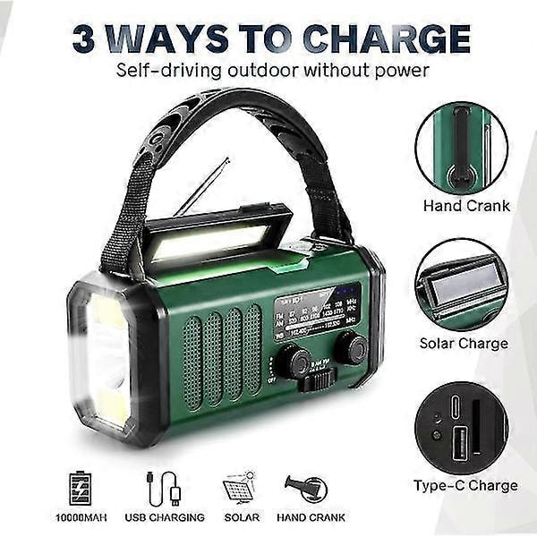 (Erikoiskampanja) Hätäradio käsikammella, aurinkoenergialla ja USB-latauksella - 10000mAh akku - NOAA/AM/FM sääradio - LED-taskulamppu