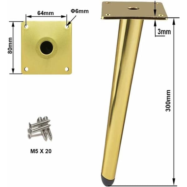 Koniske bordben i rustfrit stål, 30 cm højde, guld, skridsikker base - Kompatible med sofaer og borde