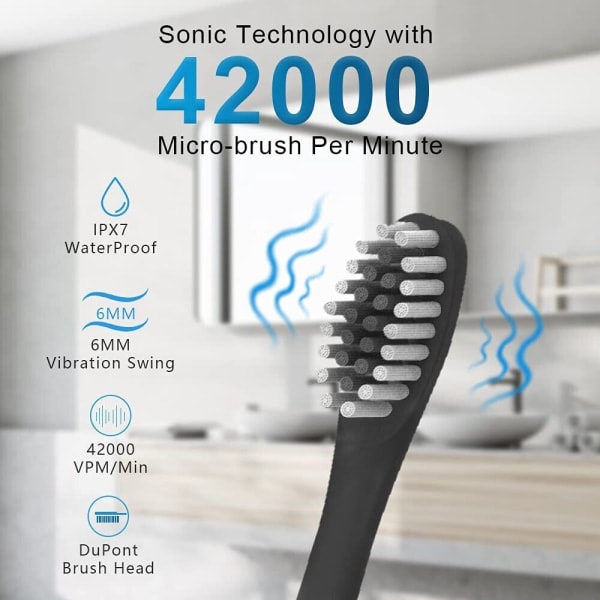 Elektrisk Sonic Tandborste Uppladdningsbar 5 Lägen Barn Vuxna Borste 6 Huvuden USB Svart