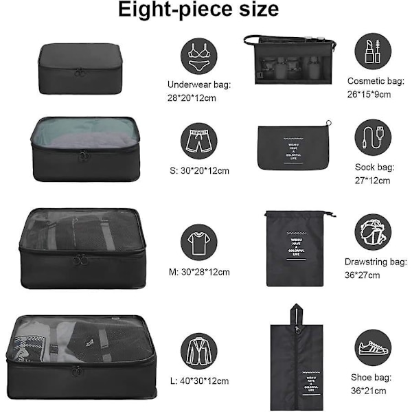 8-pack Organizer Set för Resväskor, Förvaringsväskor, Packningskuber, Resepåsar, Presenter Black