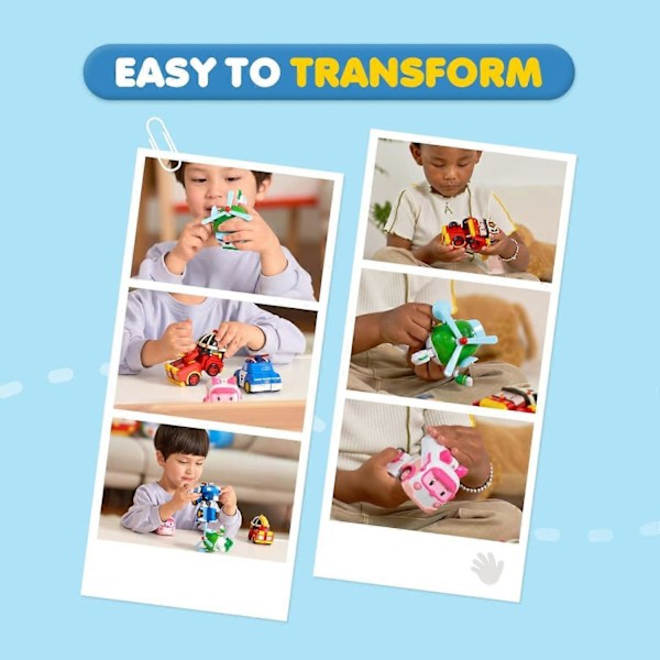 SBSG Robocar Poli 4-pack Poli + Amber + Roy + Helly Transformerande Robotleksaker, 10 cm Transformerande