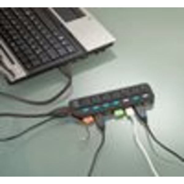USB-multikontakt: Aktiv USB 3.0-hubb med 7 portar, individuellt på/av-knappar, 2 A strömförsörjning (USB-switch)