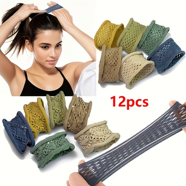 12 stk Mote Mesh Sømløse Elastiske Hårbånd | Høy Elastisitet, Stoff, Minimalistisk Stil, Ensfarget 12pcs A style