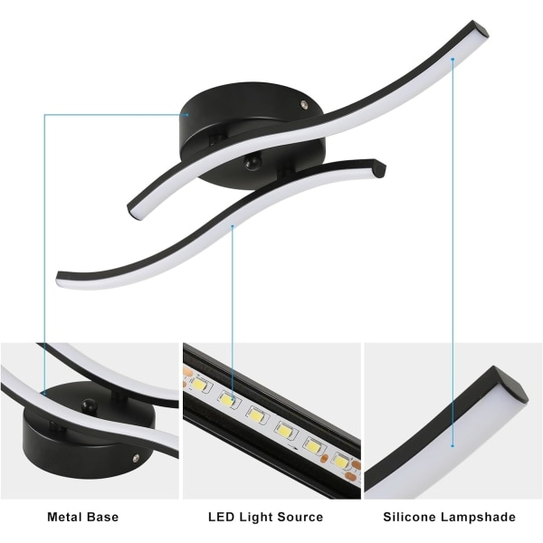 Moderne LED-taklampe, 14W 1400LM, svart, akryl innendørsbelysning, 6500K kaldhvit, for soverom, stue
