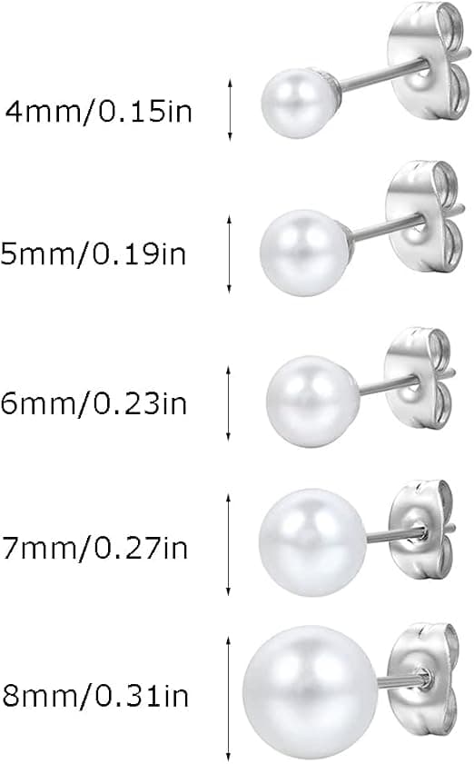5 par øreringe Dame øreringe Hvide perleøreringe (4-8mm)